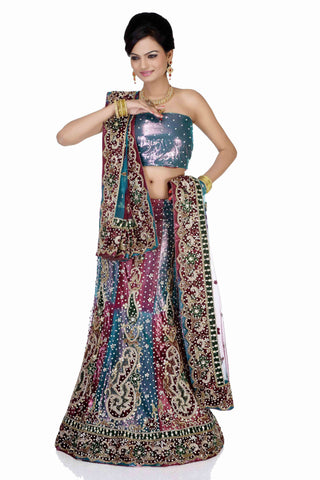 Purple & Light Green Net Embroidery With Heavy Stone Work Lehenga Choli