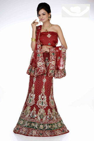 Sizzling Red Decorated With Antique Embroidery Bridal lehenga Choli