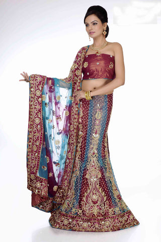 Maroon & Blue Net Embroidery With Heavy Stone Work Lehenga Choli