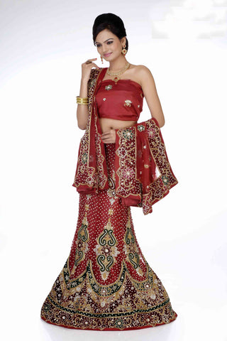 Red Color Net Embroidery With Heavy Stone Work Bridal Lehenga Choli