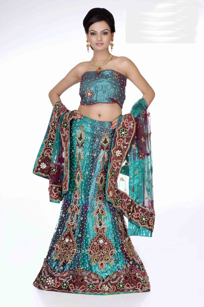 Turquoise Blue Net Heavy Stone Work Bridal Lehenga Choli