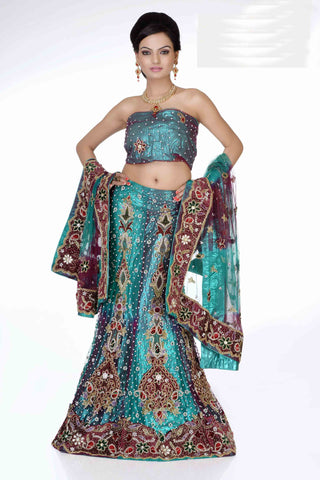 Turquoise Blue Net Heavy Stone Work Bridal Lehenga Choli