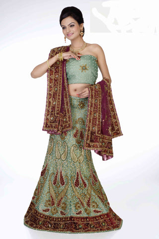 Light Green & Maroon Net With Heavy Stone Work Bridal Lehenga Choli