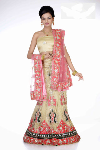 Cream & Light Pink Net Embroidery With Stone Work Bridal Lehenga Choli