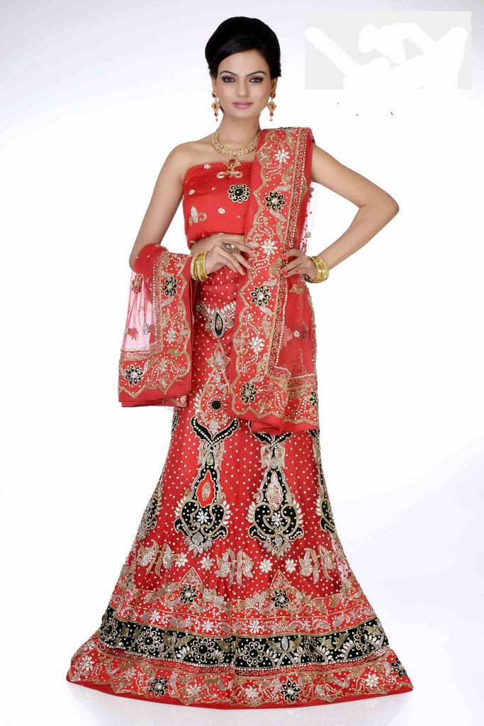 Red Color Net With Heavy Stone Work Bridal Lehenga Choli 