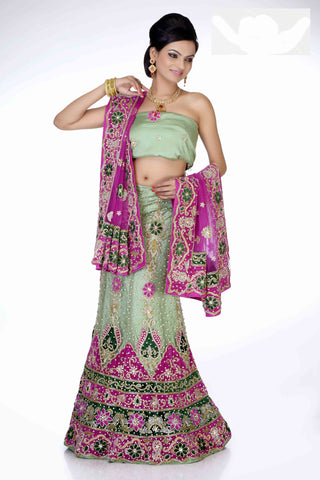 Light Green & Dark Pink Net Embroidery With Heavy Stone Work Bridal Lehenga Choli