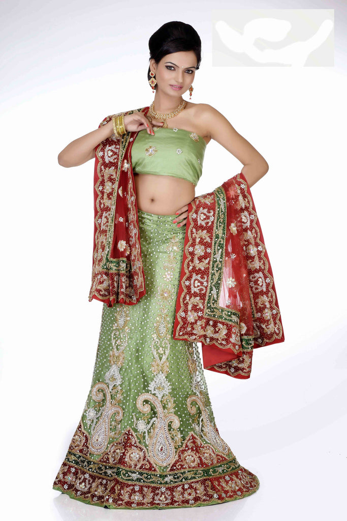 Pista Green & Red Net Embroidery With Heavy Stone Work Lehenga Choli