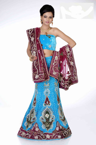 Deep Sky Blue Velvet Embroidery With Heavy Stone Work Lehenga Choli