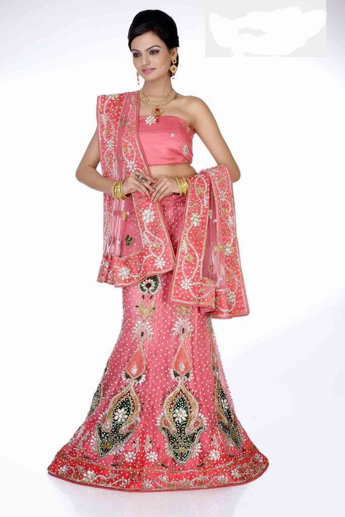Splendid Pink With Green Embroidery Wedding Lehenga Choli 