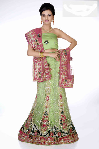 Light Green & Onion Pink Net Stone Work Fish Cut Lehenga Choli