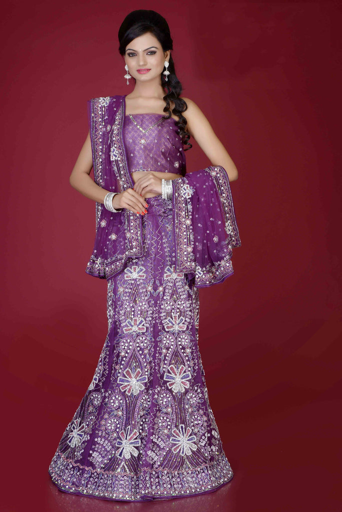 Violet Color Net Embroidery With Heavy Stone Work Bridal Lehenga Choli