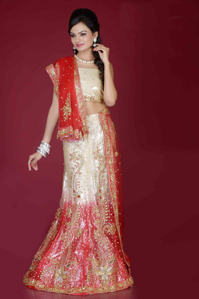 Cream & Red Color Net Embroidery With Stone Work Lehenga Choli