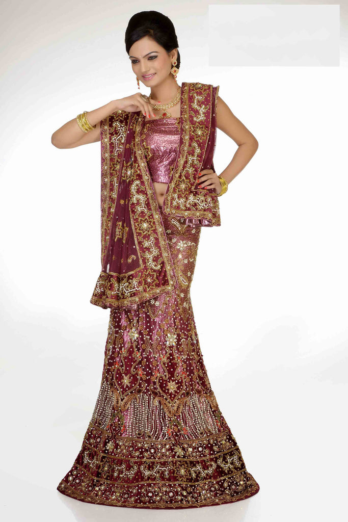 Dark Maroon Net With Heavy Stone Work Bridal Lehenga Choli