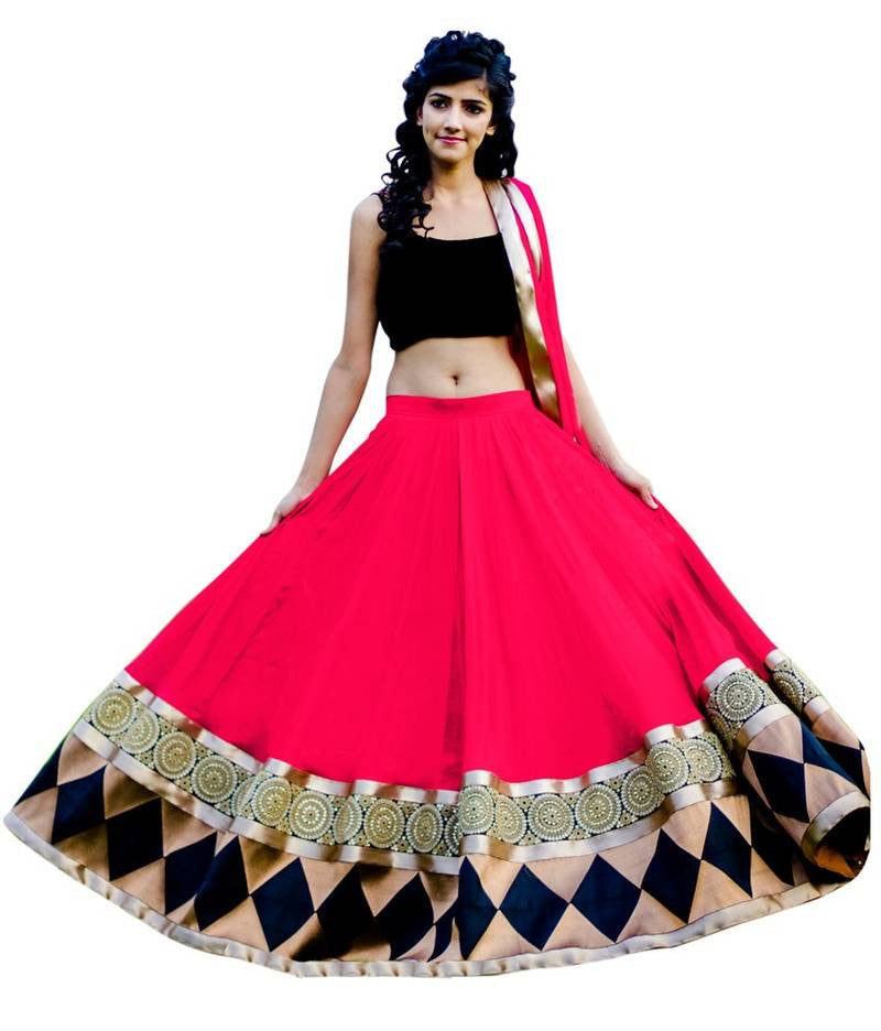 Pink embroidered georgette unstitched lehenga-choli