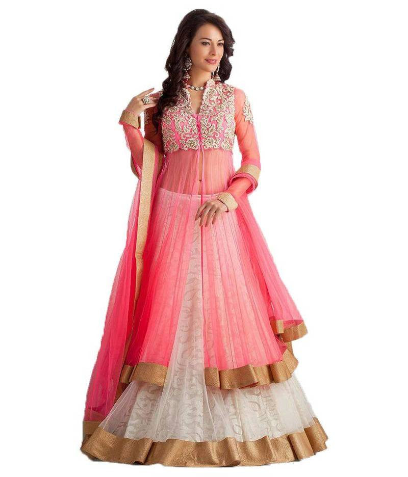 Pink and white embriodered net unstitched lehenga-choli