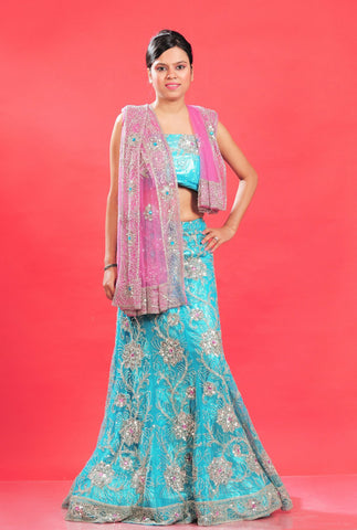 Glamorous Sky Blue And Pink Net Lehenga Choli