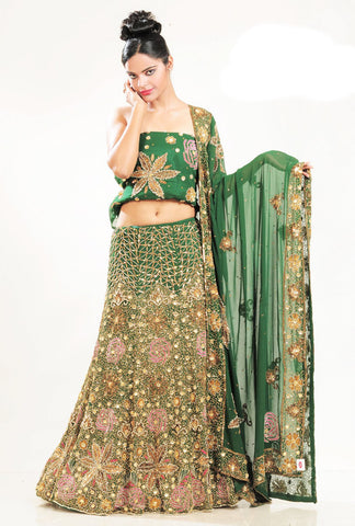 Green Bridal Net Lehenga Choli With Duppatta