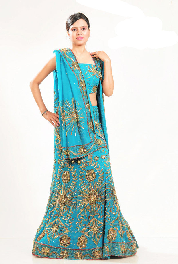 Dazzling Firozi Georgette Lehenga Choli With Duppatta