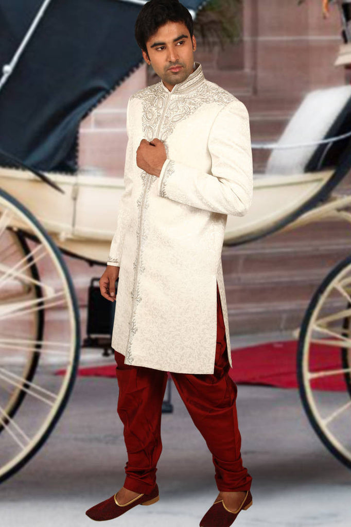 White ghiecha tanchhoi embroidered sherwani