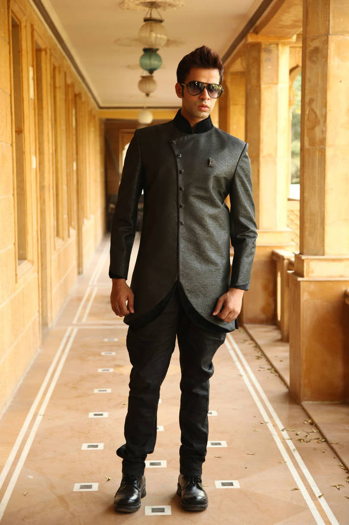 Black brockade indowestern suit
