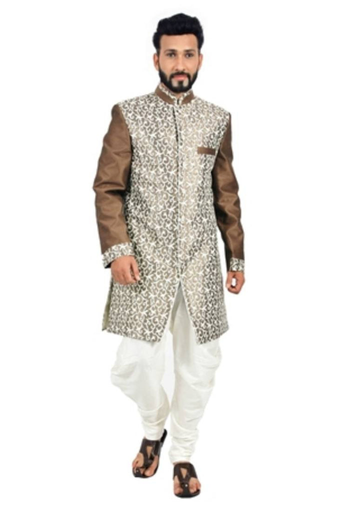 White with sienna coffee brocade printed jodhpuri sherwani