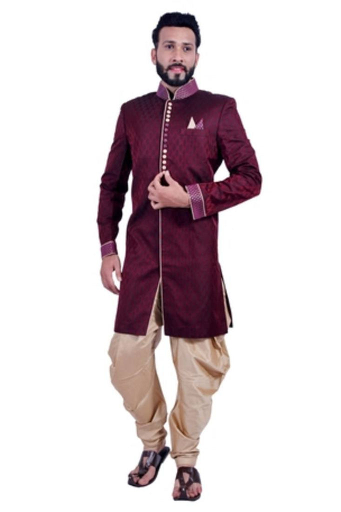 Wine brocade printed jodhpuri sherwani