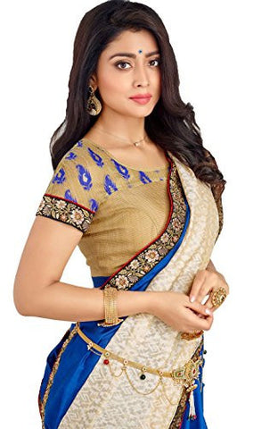 Vastreeni Majestic Hues and Drape this extraordinary designer wedding wear saptrangi saree blue and beige color