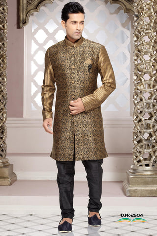 Black And Beige Brocade Art Silk Indowestern