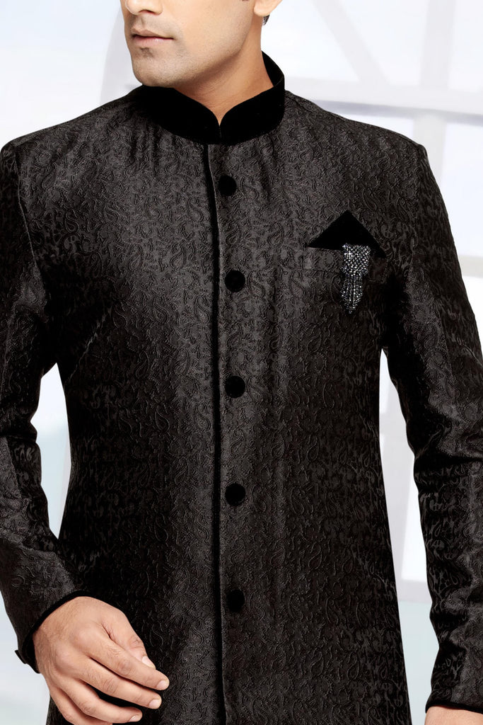 Black jacquard Art Silk Indowestern Sherwani