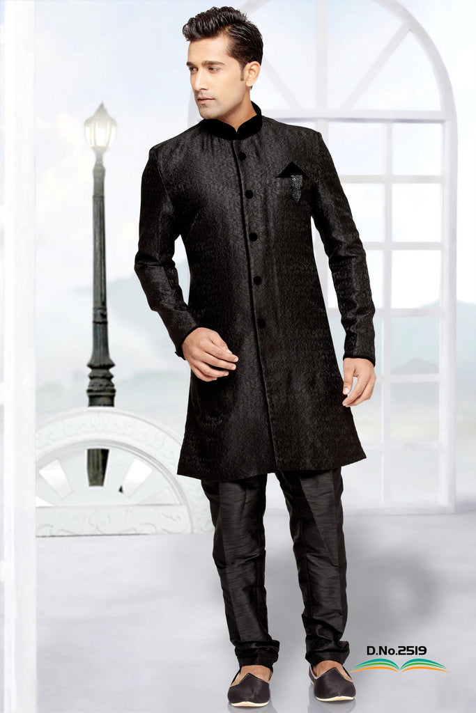 Black jacquard Art Silk Indowestern Sherwani