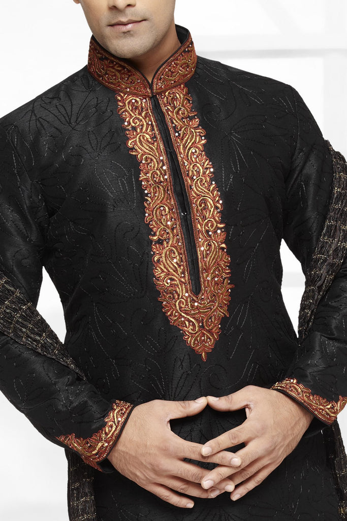 Black Dupion Silk Kurta Embroidery