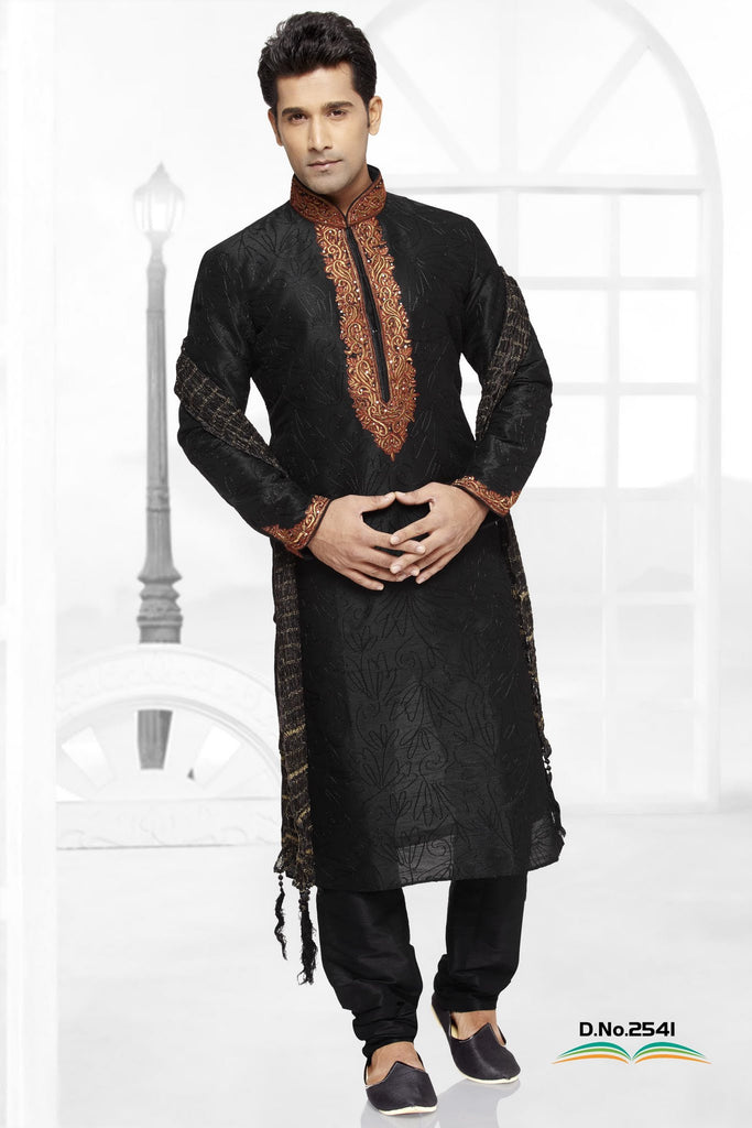 Black Dupion Silk Kurta Embroidery