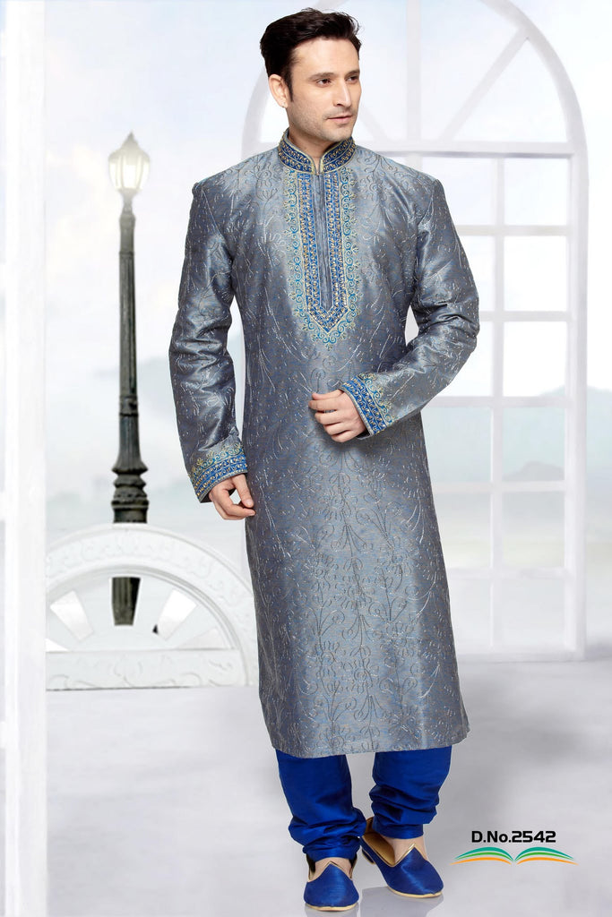 Blue & Gold Jacquard Art Silk Kurta
