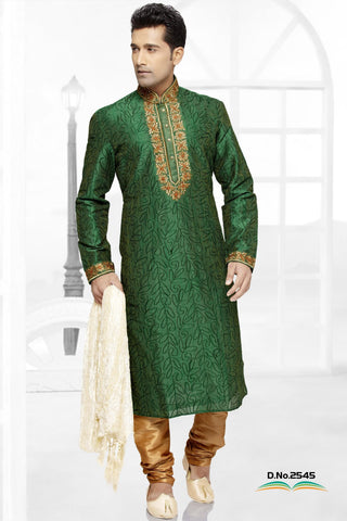 Green With Embroidery Work  Art  Silk Kurta