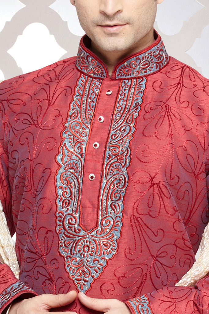 Red & Blue Dupion Silk Kurta