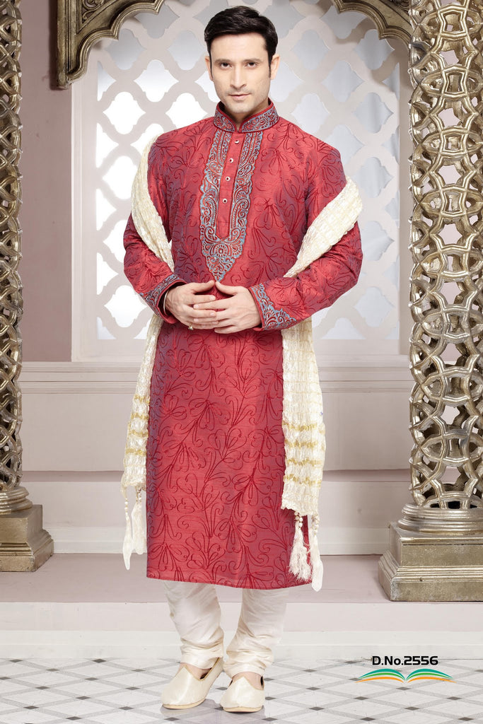 Red & Blue Dupion Silk Kurta