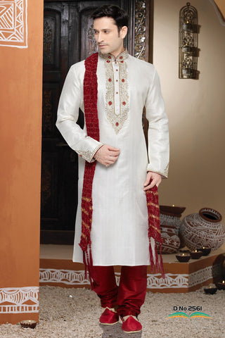 Off White Art  Silk Kurta Pyjama with Embroidery