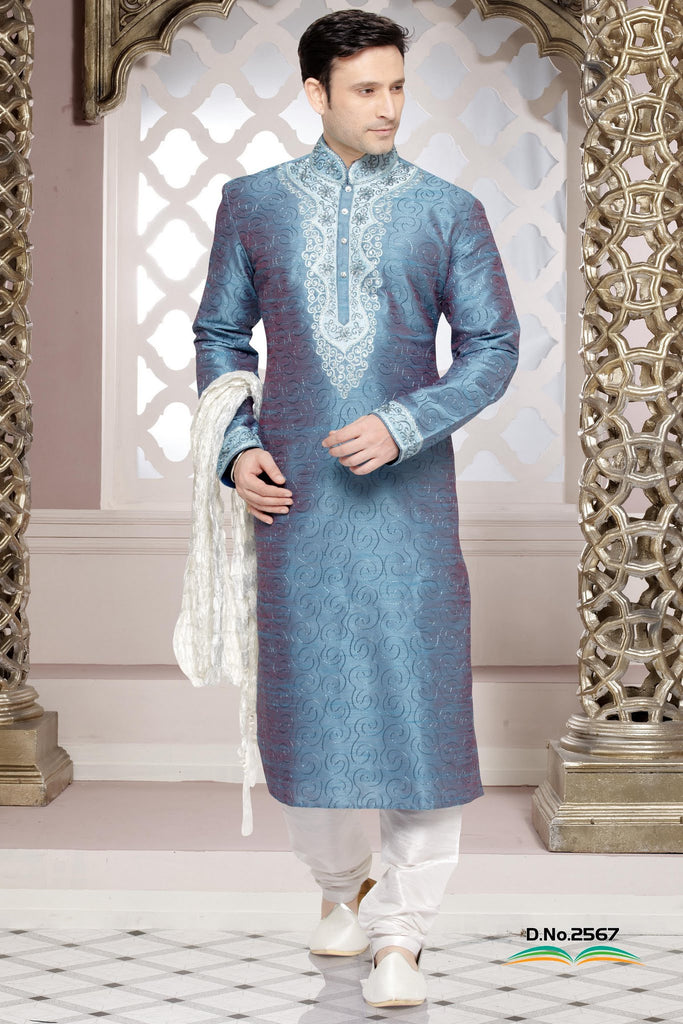 Sky Blue Dupion Silk Kurta Pyjama With embroidery Work