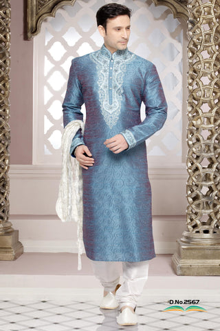 Sky Blue Dupion Silk Kurta Pyjama With embroidery Work