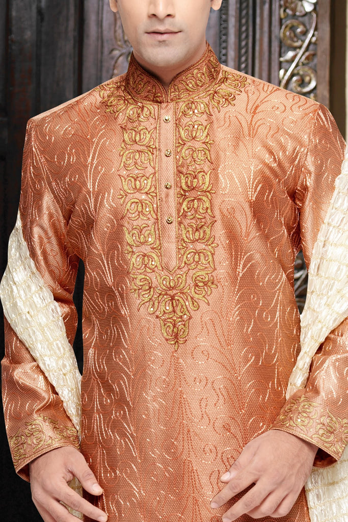 Peach & Coffee Jacquard Art Silk Kurta