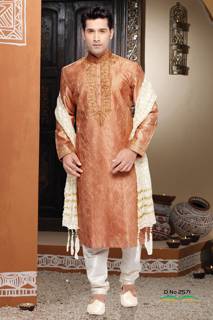 Peach & Coffee Jacquard Art Silk Kurta