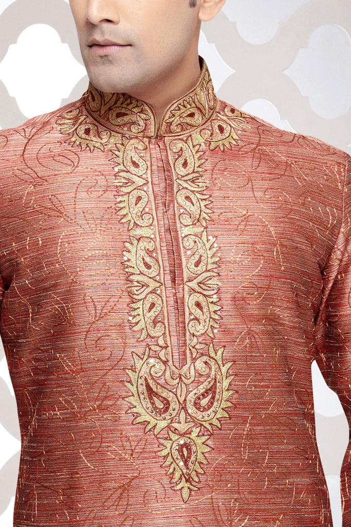 Gold & Red Jacquard Art Silk Kurta