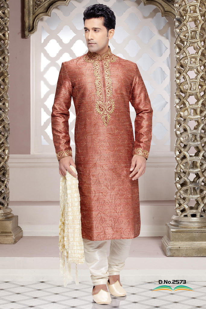 Gold & Red Jacquard Art Silk Kurta