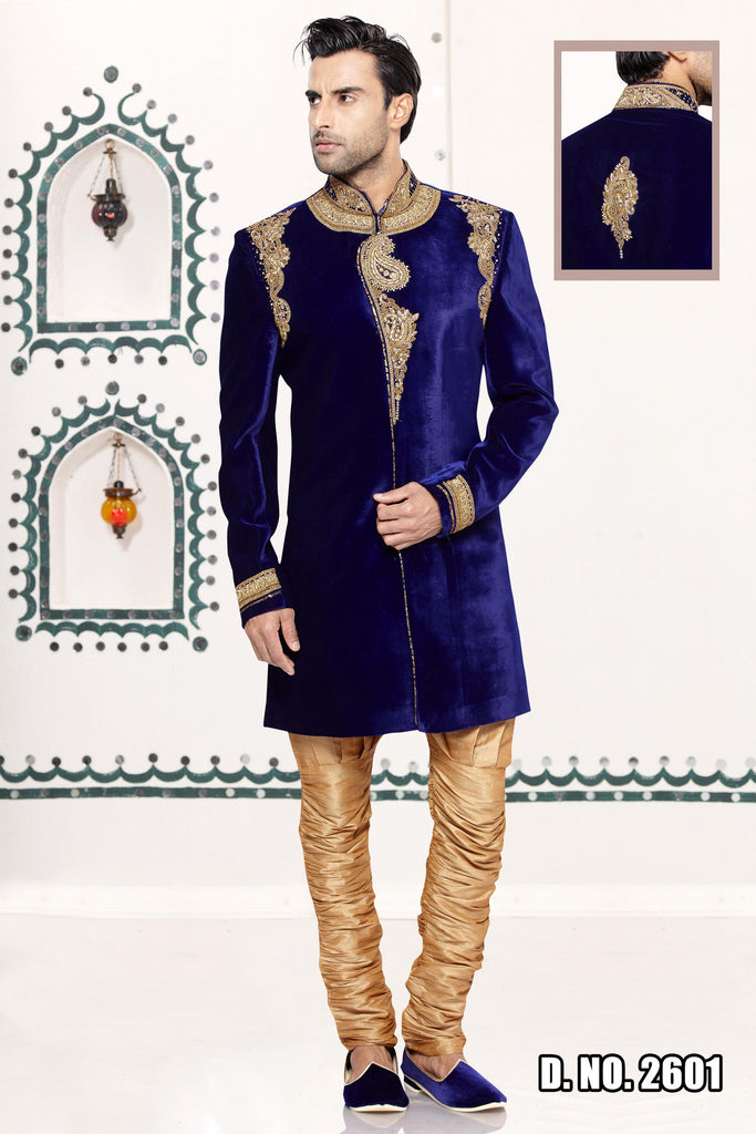 Zardosi Embroidered Velvet Sherwani in Royal Blue