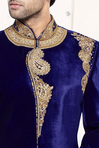 Zardosi Embroidered Velvet Sherwani in Royal Blue