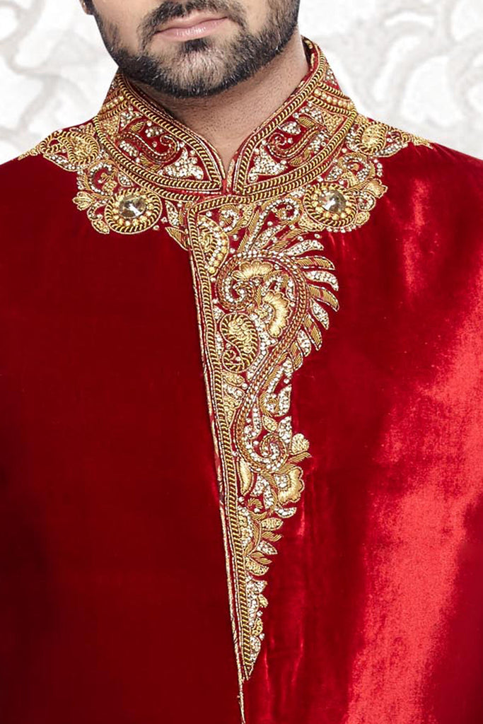 Red Velvet Breeches Style Sherwani