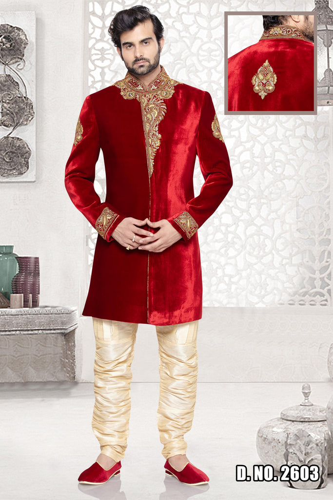 Red Velvet Breeches Style Sherwani
