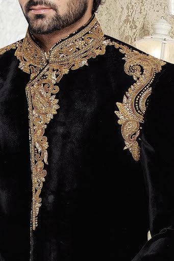 Velvet Black Breeches Style Sherwani