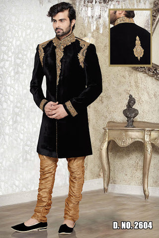 Velvet Black Breeches Style Sherwani
