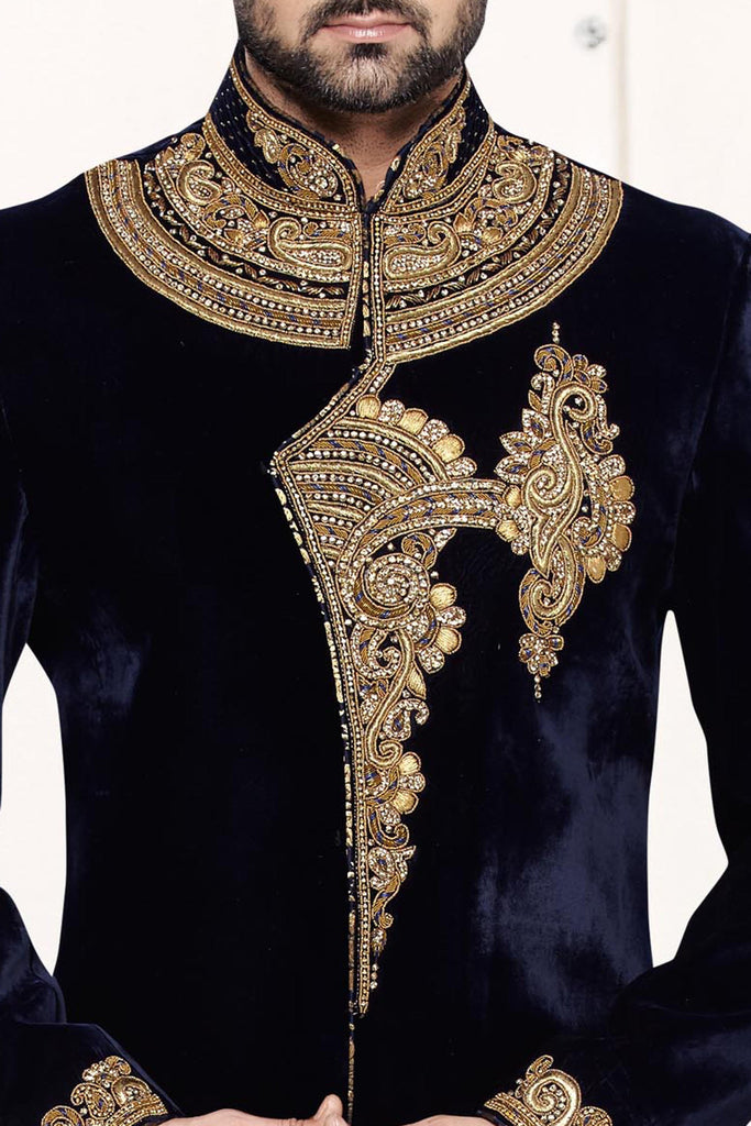 Velvet Navy Blue Breeches Style Sherwani